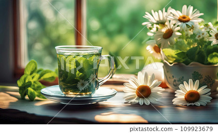 Chamomile tea in a transparent mug with natural small chamomile flowers. Medicinal and alternative teas 109923679
