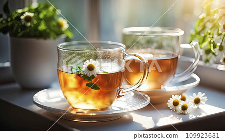 Chamomile tea in a transparent mug with natural small chamomile flowers. Medicinal and alternative teas 109923681