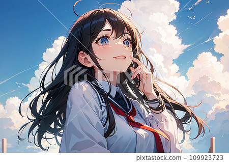 Student girl looking up at the blue sky illustration "AI generated image" 109923723
