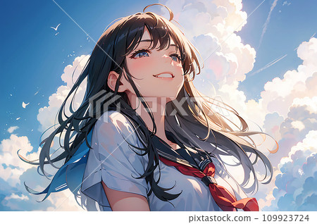 Student girl looking up at the blue sky illustration "AI generated image" 109923724