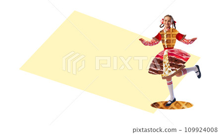 Contemporary art collage. Happy, cheerful little girl wearing in textured tasty dress from delicious sweet dessert against white background. 109924008