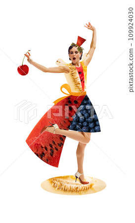 Contemporary art collage. Young attractive lady dancing dressed in elegant dress from fruits and berries against white background. Contemporary art collage. Young attractive lady dancing dressed in elegant dress from fruits and berries against white background. 109924030