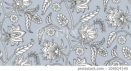 Seamless pattern with stylised indian style flowers and leaves on a stem Seamless pattern with stylised indian style flowers and leaves on a stem 109924140