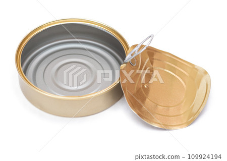 Opened Empty Tin Can With Broken Cover Isolated on White Background 109924194