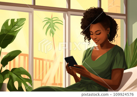 AI-generated content. Young dark skinned woman sitting near window in sunny day and looking with smile to smartphone. 109924576