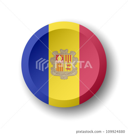 Andorra flag - 3D circle button with dropped shadow. Vector icon. Andorra flag - 3D circle button with dropped shadow. Vector icon. 109924880