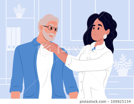 World Thyroid Day. Endocrinologist examining thyroid gland of elderly patient. Endocrinologist deal with the diagnosis and treatment of the human thyroid gland. World Thyroid Day. Endocrinologist examining thyroid gland of elderly patient. Endocrinologist deal with the diagnosis and treatment of the human thyroid gland. 109925134