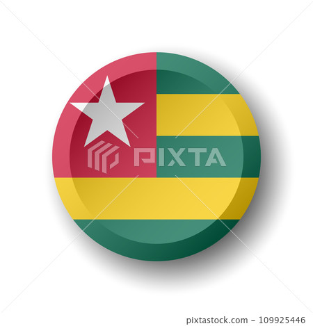Togo flag - 3D circle button with dropped shadow. Vector icon. Togo flag - 3D circle button with dropped shadow. Vector icon. 109925446