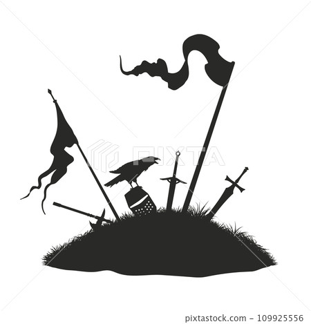 Medieval battlefield landscape. Isolated silhouette of warrior grave. Knight mound with sword, helmet and flags. Middle age battle scene 109925556