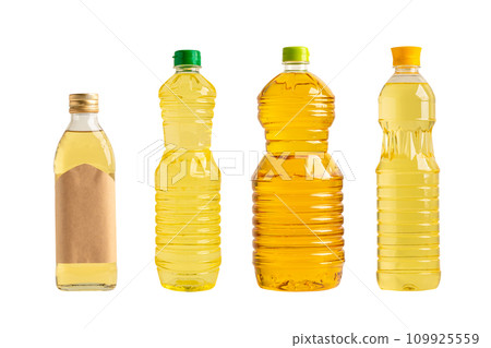 Vegetable oil with olive oil in different bottle for cooking isolated on white background with clipping path. 109925559