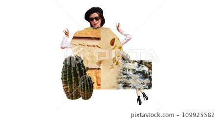 Stylish young woman in beret and sunglasses with different cheese on body over white background. Contemporary art collage. 109925582