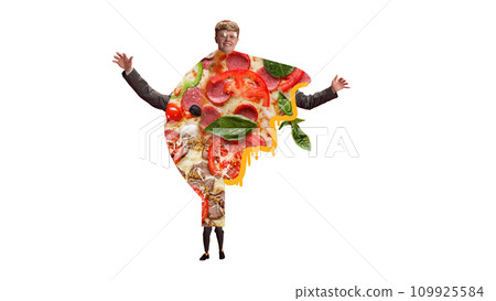 Smiling man in glasses and suit wit body covered with delicious slice of pizza over white background. Contemporary art collage. 109925584
