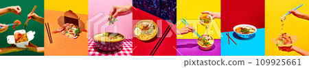 Collage. Assorted Chinese food set. Famous Chinese cuisine dishes against vivid multicolored background. Concept of food and drink. Collage. Assorted Chinese food set. Famous Chinese cuisine dishes against vivid multicolored background. Concept of food and drink. 109925661