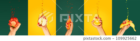 Banner. Creative collage. Hand squeezes vegetable and fruit juice. Freshly squeezed organic juice. Drops of juice fly up. Concept of healthy eating and vitamins. 109925662