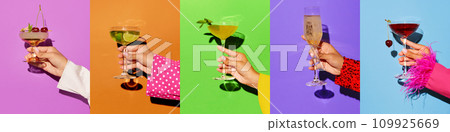 Banner. Creative collage. Female hand holding glasses of delicious cocktails isolated multicolored background. Mixed tastes. 109925669