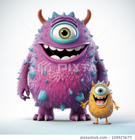 AI-generated content. big violet monster and yellow baby monster stand isolated on a white background 109925675