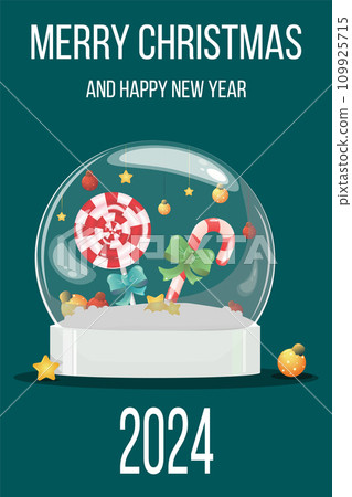 Postcard with Christmas souvenir balloon with snow, New Year glass balls and candy inside. With text. Vector Postcard with Christmas souvenir balloon with snow, New Year glass balls and candy inside. With text. Vector 109925715