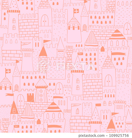 Pink princess castle seamless pattern. Vector medieval towers silhouette repeat background for baby girls. 109925756