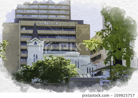 Watercolor style Yokohama Minato Mirai Birthplace of the United Church of Christ in Japan Yokohama City, Kanagawa Prefecture 109925757