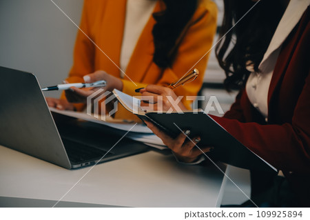 Co working conference, Business team meeting present, investor executive colleagues discussing new plan financial graph data on outdoors office table with laptop and tablet, Finance, accounting 109925894