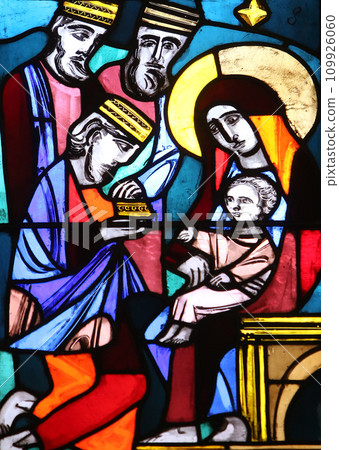 Nativity Scene, Adoration of the Magi, stained glass window in Basilica of St. Vitus in Ellwangen, Germany Nativity Scene, Adoration of the Magi, stained glass window in Basilica of St. Vitus in Ellwangen, Germany 109926060