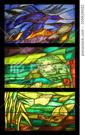 View the elements of life, detail of stained glass window by Sieger Koder in Benediktbeuern Abbey, Germany 109926082