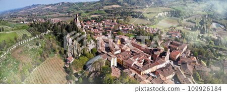 one of the most beautiful medieval villages of Italy, Emilia romagna region- Brisighella in Ravenna province, panoramic view of the castle and clock tower one of the most beautiful medieval villages of Italy, Emilia romagna region- Brisighella in Ravenna province, panoramic view of the castle and clock tower 109926184