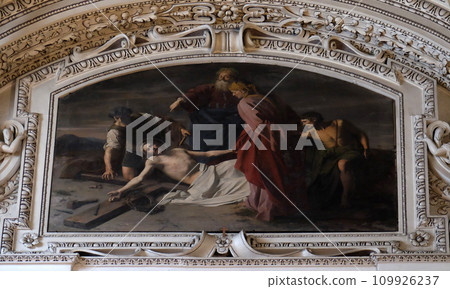 11th Stations of the Cross, Crucifixion: Jesus is nailed to the cross, fragment of the dome in Salzburg Cathedral 109926237