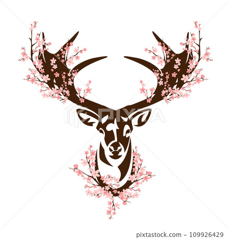 wild deer stag head among sakura flower branches vector outline 109926429