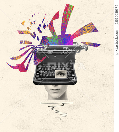 Pop art collage. Female typing on retro typewriter over creative design background. 109926675