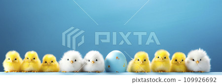 easter background with yellow chicks and colorful eggs on blue wooden background easter background with yellow chicks and colorful eggs on blue wooden background 109926692