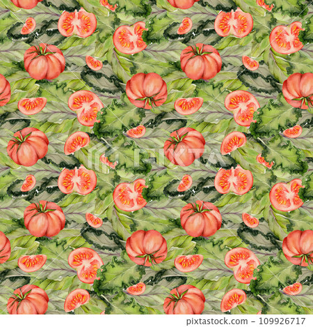 Hand drawn watercolor mix of green salad leaves and red tomato slices for diet and healthy lifestyle, vegan cooking. Illustration seamless pattern background. Design poster, print, website, card, menu 109926717