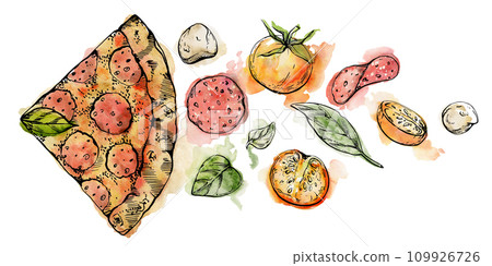 Hand drawn watercolor ink illustration. Pepperoni pizza slice, mozzarella tomato basil, Italian cuisine. Composition isolated on white. Design restaurant menu, cafe, food shop or package, flyer print. 109926726