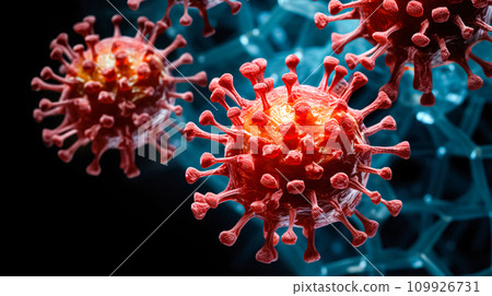 AI-generated content. Influenza virus, abstract microbes, bacteria, microorganism cells, pathogen, blue background. Medicine, healthcare 109926731