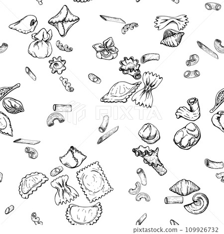 Hand drawn vector ink illustration. Different types of pasta Italian cuisine dish assortment penne ravioli spiral. Seamless pattern isolated on white. Restaurant menu, food shop package, flyer, print. 109926732