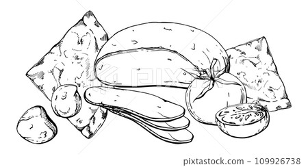 Hand drawn vector ink illustration. Quattro formaggi four cheeses pizza slice, Italian cuisine. Composition isolated on white. Design for restaurant menu, cafe, food shop or package, flyer print. Hand drawn vector ink illustration. Quattro formaggi four cheeses pizza slice, Italian cuisine. Composition isolated on white. Design for restaurant menu, cafe, food shop or package, flyer print. 109926738