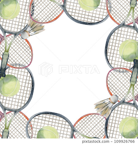 Hand drawn watercolor sports gear equipment, tennis badminton ball, racquet, health fitness lifestyle. Illustration isolated border frame on white background. Design poster, print, website, card, shop 109926766
