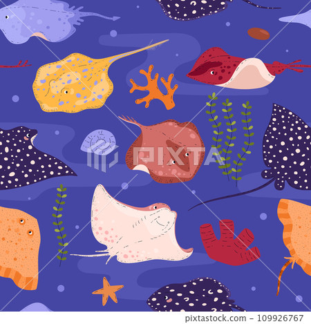 Seamless pattern with sea underwater nature with various stingrays fishes, algae, corals, vector marine fauna and flora 109926767