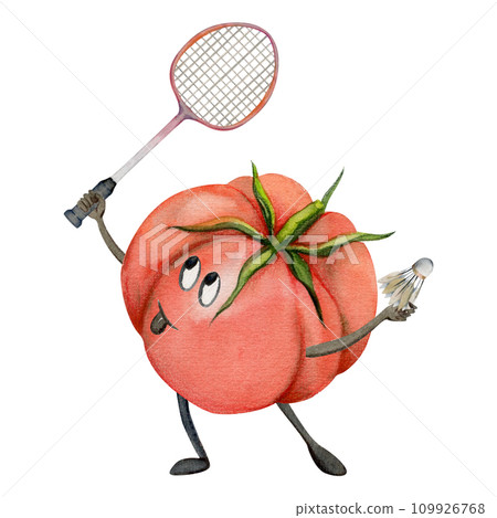 Hand drawn watercolor cute tomato character playing badminton, racquet and shuttlecock. Fitness health. Illustration isolated composition, white background. Design poster, print, website, card, gym 109926768
