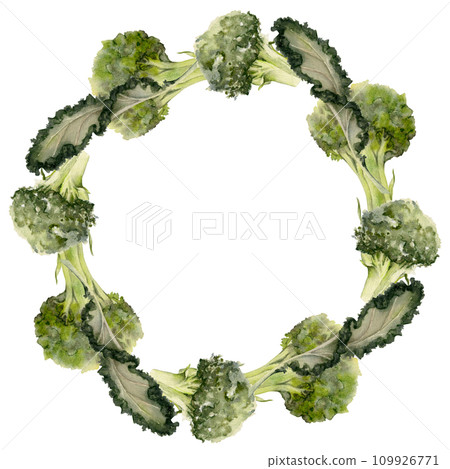 Hand drawn watercolor green salad spinach kale leaf diet and healthy lifestyle, vegan cooking. Illustration circle wreath frame isolated on white background. Design poster, print, website, card, menu 109926771