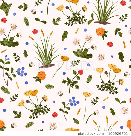 Seamless pattern with beautiful tundra plants collection, white dryad, blueberry, wild north herbs, forest floral design 109926791