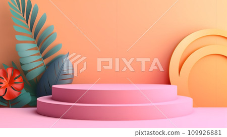 Modern geometric pedestal podium Platform with tropical leaves. bright colors Modern geometric pedestal podium Platform with tropical leaves. bright colors 109926881