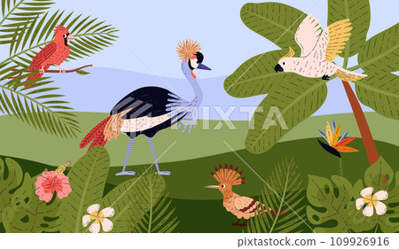 Tropical forest with tropical birds, foliage and flowers scene. 109926916