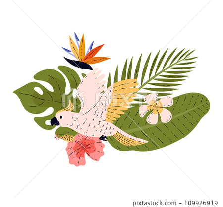 Flying cockadu tropical bird among flowers and leaves flat style 109926919