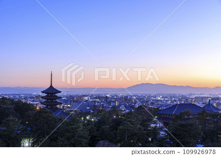 Nara City, Nara Prefecture Night view of Kofukuji five-storied pagoda and Chukondo in autumn View from Nara Prefectural Office 109926978