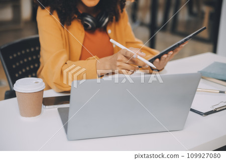 Finance manager meeting discussing company growth project success financial statistics, professional investor working start up project for strategy plan with document, laptop and digital tablet. 109927080