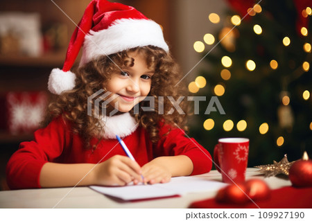 AI-generated content. Cute little girl with curly hair in Santa hat writes the letter to Santa Claus 109927190