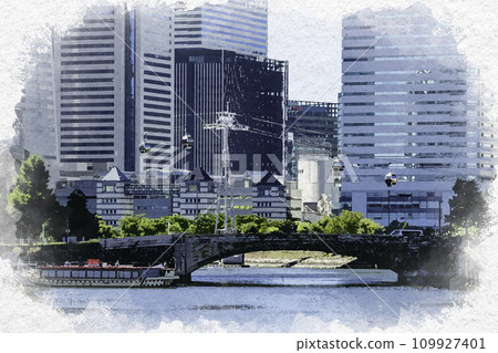 水彩風格橫濱港未來萬國橋及橫濱空中客艙神奈川縣橫濱市 109927401