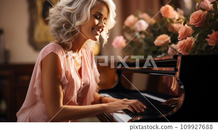 Elegant Elderly Pianist in Contemporary Home Elegant Elderly Pianist in Contemporary Home 109927688