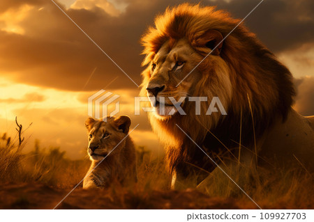 Savanna Serenity: Majestic Lion Bonding at Sunset 109927703